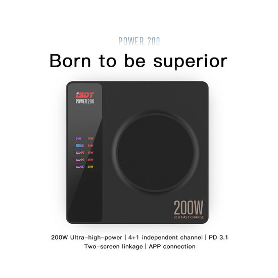 ISDT Power 200W USB C Charging Station 4-Port USB Plus 1 Wireless Charge Port, USB C Wall/Desktop Fast Charger with LED Display&App Control for MacBook, iPad, iPhone, Galaxy, Pixel